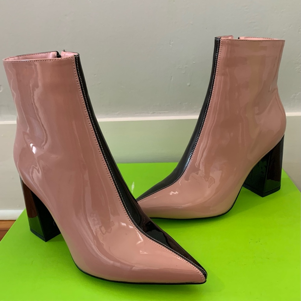 Public Desire, black and pink patent leather booties, size US 8/UK 6